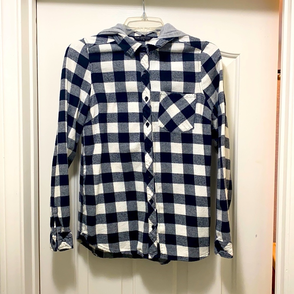 Navy blue & off-white flannel w hoodie